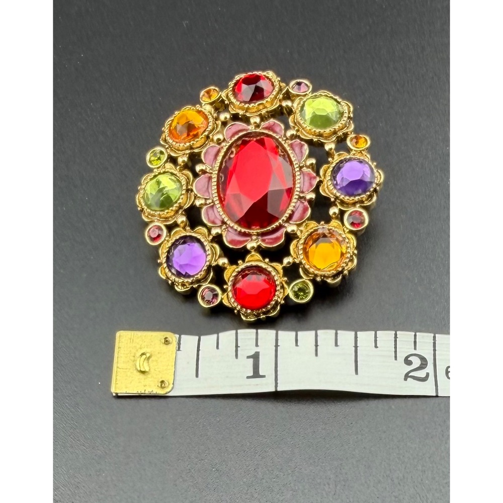 Premier Designs Treasure Brooch Pendant Multi Color Rhinestone Gold Tone Ornate - Picture 4 of 8